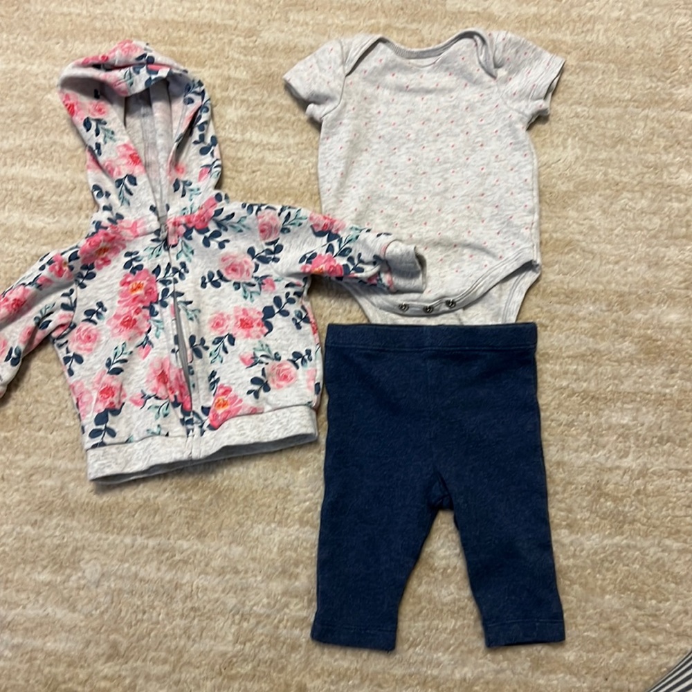 Cute Little Me 3 piece set with floral hoodie, polka dot onesie and comfy pants!